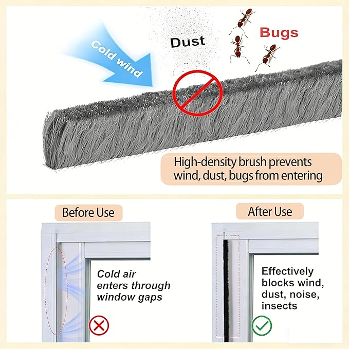 Pile Weather Stripping Brush Seal Strip for Door Window Gap 0.2 x 0.4in x 66FT Self Adhesive Draft Stopper Soundproof Insulation Weather Seal Strip for Interior Sliding Glass Door Garage Door