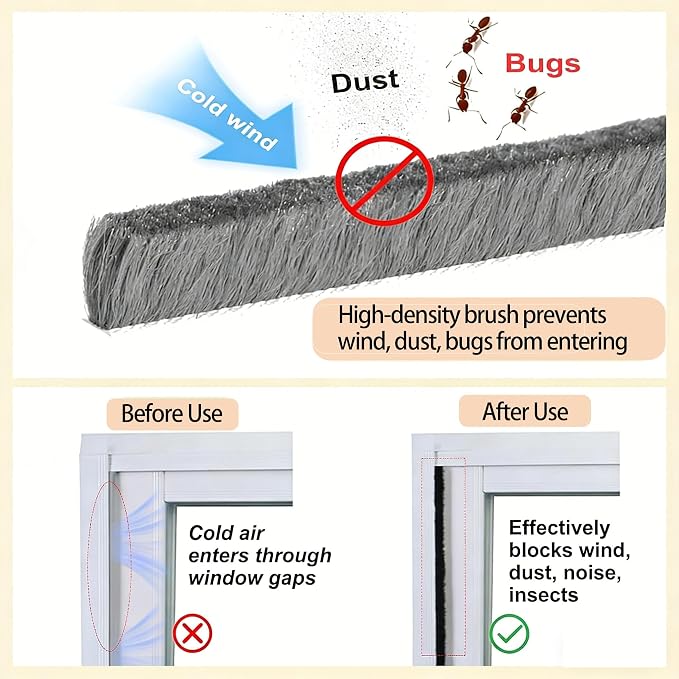Brush Weather Stripping 0.6in(T) x 0.4in(W) x 33FT Grey Door Seal Strip for Door Frame, Sliding Glass Door Draft Stopper Window Soundproofing Bristle Door Sweep Weatherstripping