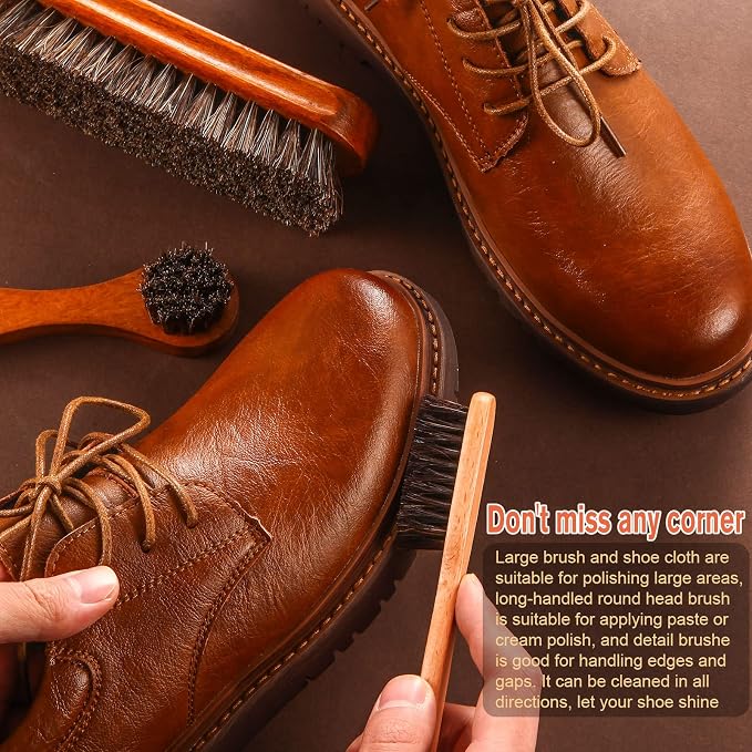 7 Pcs Horsehair Shine Shoes Brush Kit Polish Dauber Applicators Cleaning Leather Shoes Boots Care Brushes Suede Cleaner Brush with Microfiber Shoe Cloth(7 Pcs Style C)