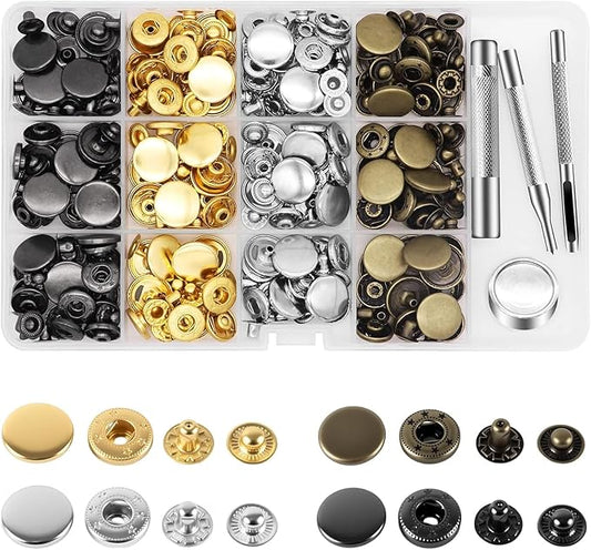 Alritz 17mm Leather Snap Fasteners Kit, 72 Set Metal Button Snaps Press Studs with 4 Setter Tools, 6 Colors Leather Snaps for Clothes, Jackets, Jeans Wears, Bracelets, Bags
