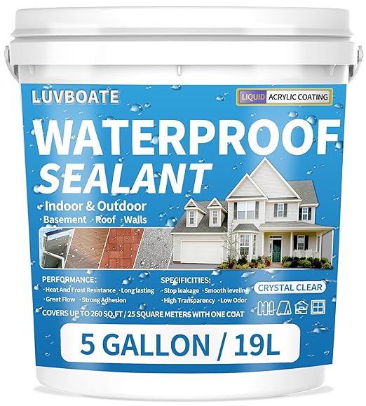 Liquid Waterproof Sealant Clear 5 Gallon, LUVBOATE Transparent Waterproof Coating Water-Based Invisible Repairing Leak Agent Roofs, Walls, Bathroom, Kitchen Indoor & Outdoor