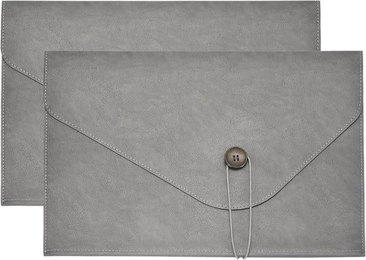 PATIKIL 2Pcs Leather Folder, 14x10 Leather Document Holder File Folder PU Pouch Bag Portfolio File Organizer Button Personal Envelope Waterproof for Traveling Office Men Gift, Gray