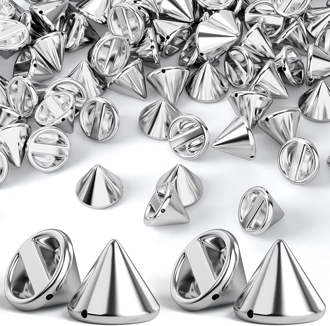 OIIKI 50 PCS 14 mm ABS Bullet Spike Cone Studs, Rivets Cone Spike Studs Beads, Flat Back Punk Spikes DIY Crafts Studs Glue on Decoration for Leather Clothes Belt Bags Jewelry Trims - Silver
