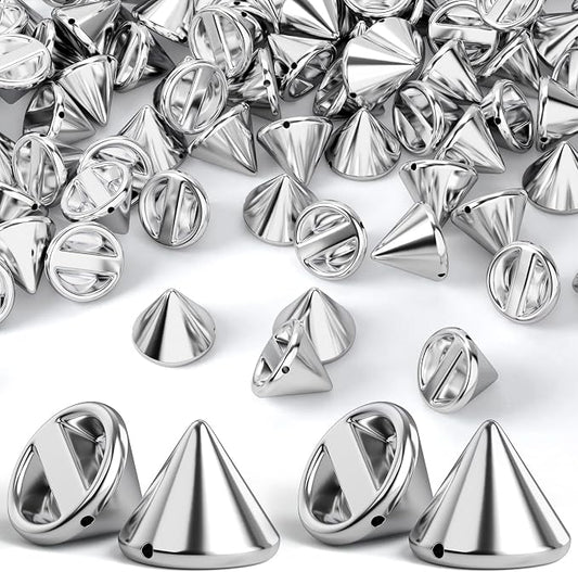 OIIKI 50 PCS 14 mm ABS Bullet Spike Cone Studs, Rivets Cone Spike Studs Beads, Flat Back Punk Spikes DIY Crafts Studs Glue on Decoration for Leather Clothes Belt Bags Jewelry Trims - Silver