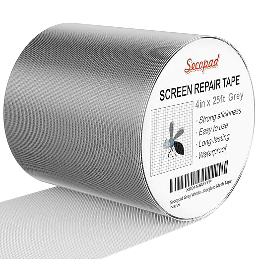 Secopad Grey Window Screen Repair Tape, 4IN X 25FT (300IN) Screen Repair Kit for Windows or Doors, Strong Adhesive Patch Kit Fiberglass Mesh Tape