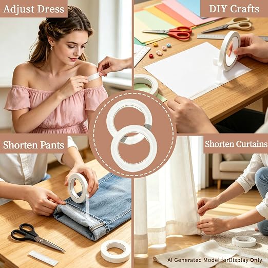 6 Rolls Double Sided Fabric Hem Tape, No Sew No Iron Strong Adhesive Cloth Tape for Clothing Pants Dress Curtain Repair DIY Craft（4 X 0.3 in × 33 ft + 2 X 0.6 in × 33 ft）