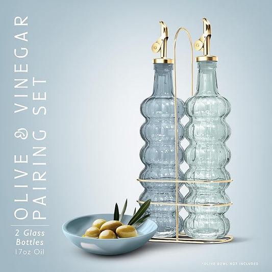 COOK WITH COLOR Glass Olive Oil Bottle Dispenser - 2 Pack- 17oz Oil and Vinegar Cruet - Olive Oil Carafe Decanter for Kitchen, Elegant Waves, Blue