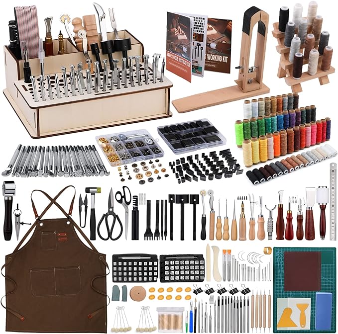 628Pcs Leather Working Tooling Set for Beginners, Starter Working and Tool Supplies with Leather Pony, Tooling Box, Stamping Punching Tools, Sewing Thread, Rivets Kit for DIY Crafts