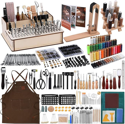 628Pcs Leather Working Tooling Set for Beginners, Starter Working and Tool Supplies with Leather Pony, Tooling Box, Stamping Punching Tools, Sewing Thread, Rivets Kit for DIY Crafts