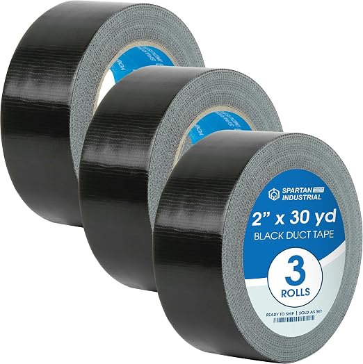 Spartan Industrial - 2" X 30 yd Black Duct Tape - 3 Strong Tape Rolls for Repairs, Crafts, Labeling, and More - Water-Resistant, No Residue, 9 Mil