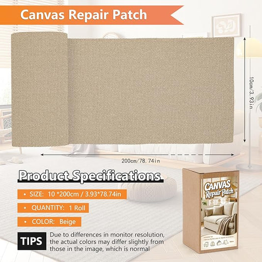 Canvas Repair Tape, 4x79 Inches Self-Adhesive Canvas Patch Repair Kit, Waterproof Fabric Tape for Furniture, Handbag, Clothes, Sun Umbrella, Tent, Boat Cover (Beige)
