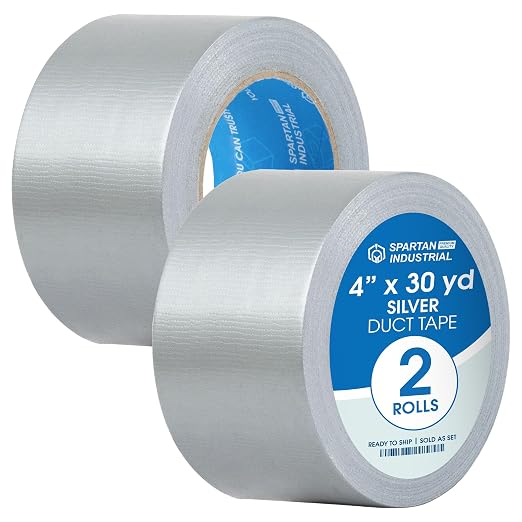 Spartan Industrial - 4" X 30 yd Water-Resistant Silver Duct Tape - 2 Heavy-Duty Tape Rolls for Professional, Home, and DIY Repairs - No Residue, 9 Mil
