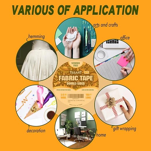 Fabric Tape M15 - Sticky Double-Sided Tape Strong Adhesive Cloth Leather Tape Press-on Tape, No Sewing or Ironing, Gluing, Alterations and Hemming- 2/5inch Wide 180FT Long