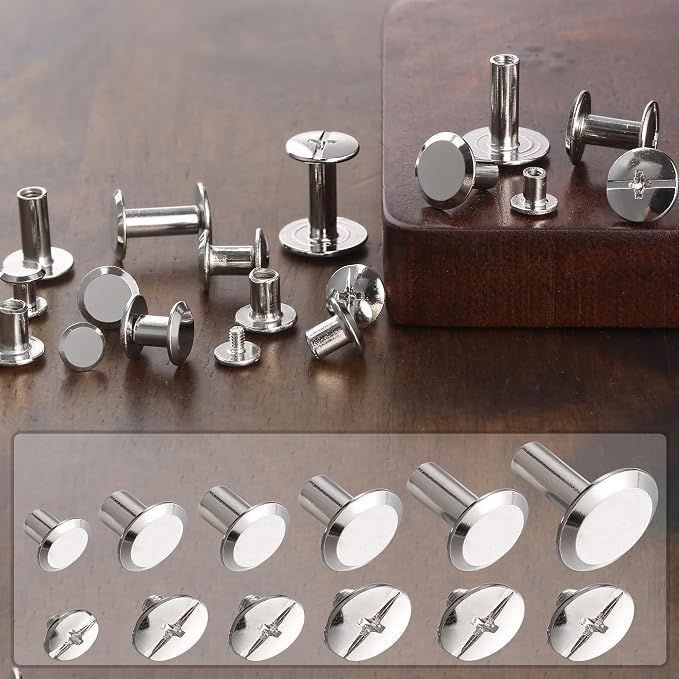 YORANYO 140 Sets Chicago Screws Leather Rivets Kit for Fabric Leather Crafting 6 Sizes Chicago Binding Screws for Decorate and Repair Belt Bag Shoes Purse Pet Collar Clothing Bookbinding (Silver)