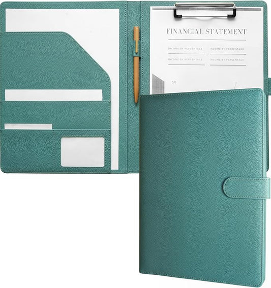 Zreal Padfolio Portfolio Binder with Clipboard & Card Holder, Faux Leather File Folder, Folio Resume Paper Organizer for A4 Letter Size Document, Legal Pad Holder for Women Man (Teal Green)