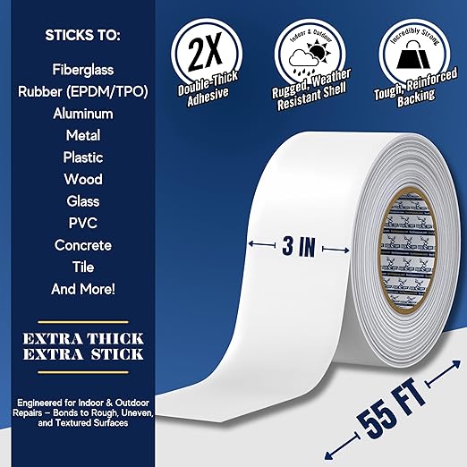 4 Pack Buck RV Roof Sealant Tape – 3 Inch x 55ft, 40 Mil – Waterproof RV Tape for Roof Repair, Seams, Skylights, Vents & Window Leaks on Camper, Trailer & Boat, UV Resistant & Weatherproof, White