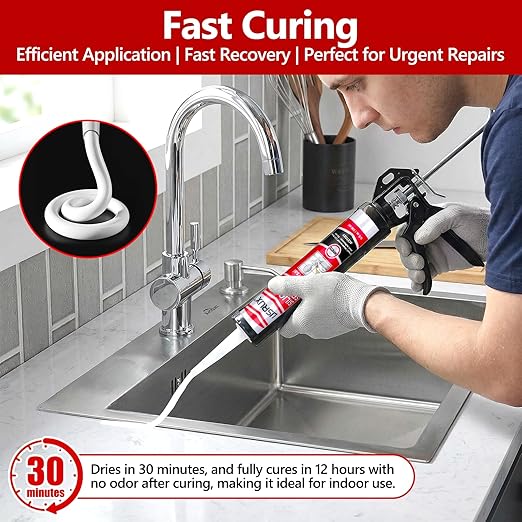 LISRUX Supreme Silicone Caulk for Kitchen & Bathroom, White, 10 fl oz Cartridge, 1 Pack - 100% Waterproof Silicone Sealant, Stronger Adhesion, Shrink & Crack Proof
