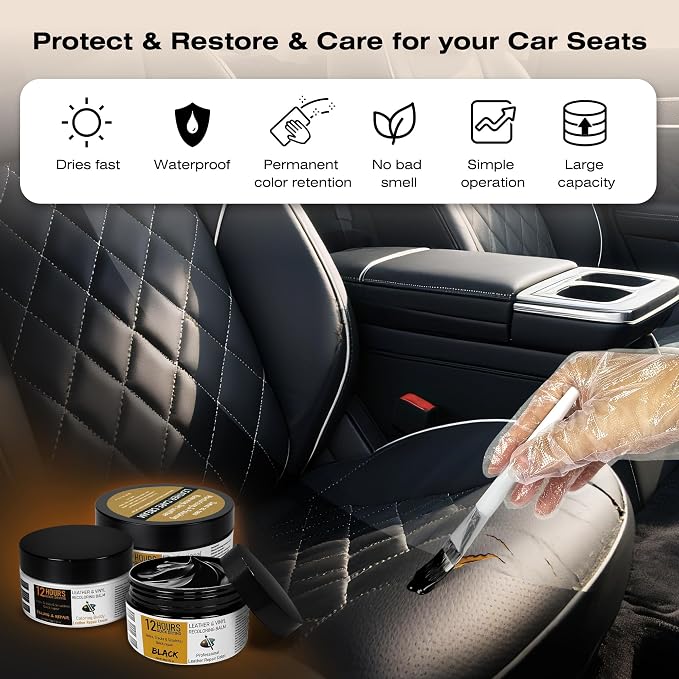 12H Quick-Dry Leather Repair Kit with 3.53Oz Leather Recoloring Balm, Filler & 4.23Oz Conditioner & Cleaner, 3-in-1 Vinyl Repair Set for Couch, Car Seat, Jacket, Shoes, Faux Leather, Light Tan/Brown