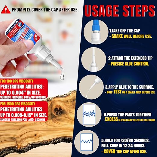40g(1.4oz) 100/1500 CPS (Thin/Thick) CA Glue, Cyanoacrylate Super Glue for Wood, Glass, Metal, Paper, Leather, Plastic, Ceramic, Rubber, Jewelry, Woodworking, Hobby Models, and Craft Project