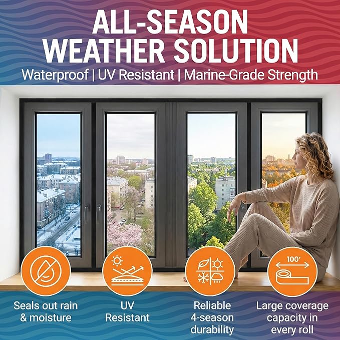 Window Sealing Tape Black 2-Pack, 2 Inch x 100 FT Per Roll, Weather Seal for Windows, Doors and AC Units, Waterproof UV Resistant, Damage-Free Removal - Better Boat