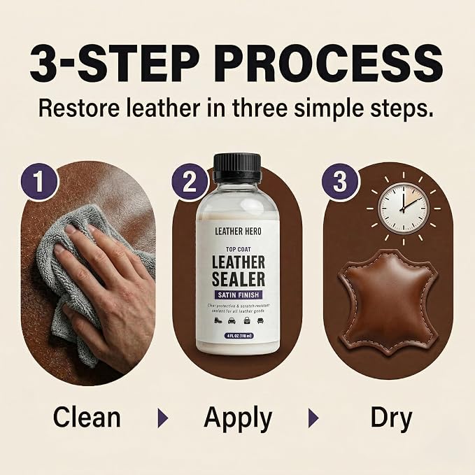 Leather Hero Top Coat – Leather Sealant & Protective Finish for Dye, Paint, Car Seats, Shoes & More – Scratch-Resistant Color Restorer with Applicator – 4oz(Satin Finish)
