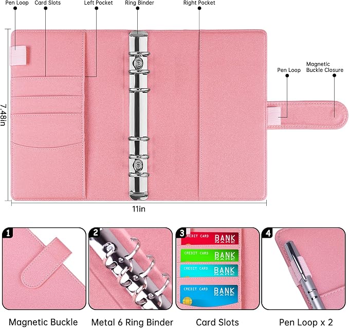 Antner A6 Notebook Binder Refillable 6 Ring Budget Binder Cover for A6 Refill Paper, PU Leather Budget Planner Organizer with Magnetic Buckle, Loose Leaf Personal Planner, Glitter Pink