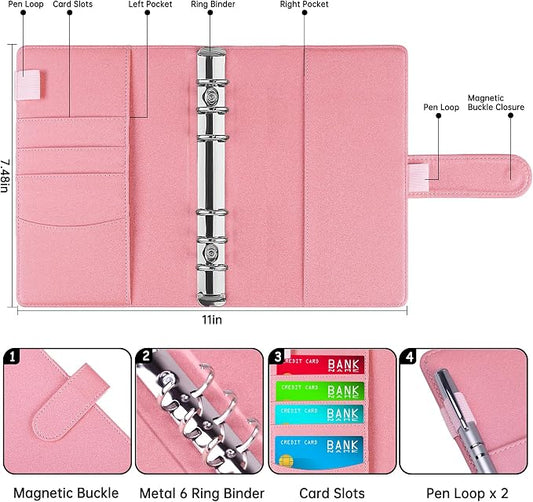Antner A6 Notebook Binder Refillable 6 Ring Budget Binder Cover for A6 Refill Paper, PU Leather Budget Planner Organizer with Magnetic Buckle, Loose Leaf Personal Planner, Glitter Pink