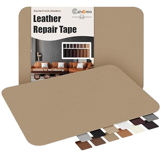 Cahomo Self-Adhesive Leather Repair Patches Tape for Couches - 8x11 inch, Vinyl & Leather Repair Kit for Furniture, Car Seats, Handbags, Jackets - Dark Beige