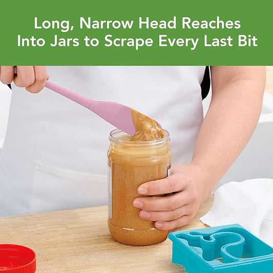 Tovolo Silicone Jar Spatula Long Handled Rubber Scraping Scooping Tool for Peanut Butter Jam Jelly Jars Blenders, Extra Long Flex Core Silicone Jar Scraper Dishwasher Safe BPA Free, Pink Sorbet