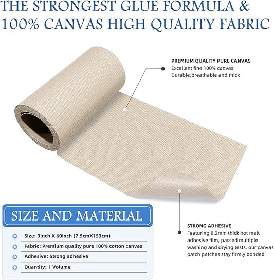 KING MOUNTAIN Canvas Iron on Patch,3"×60",Waterproof 100% Cotton Fabric Repair Patch,Used for Various Sofa,Tent,Clothes,Seats,Suitcases (Beige2.0)