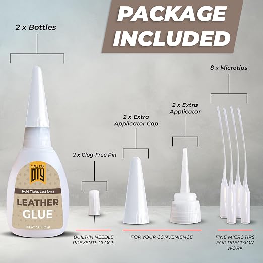 Y'allCanDiy Super Glue for Leather 2 Pk x .7 Oz. (20g)- Leather Glue - Adhesive for Purses, Sofas and Furniture. Heavy Duty Waterproof Cyanoacrylate Based Adhesive for Leathercraft, Upholstery