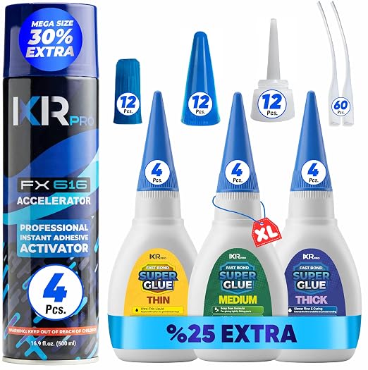 CA Glue with Activator Kit – 12 x 1.75 oz (Thin, Medium, Thick) + 4X 16.9 fl oz Accelerator Spray, Cyanoacrylate Super Glue for Woodworking, 3D Printing, Plastic, Guitar Repair & Hobby Projects