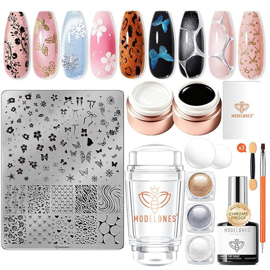 modelones 16 PCS Gel Nail Stamping Plate Set, French Tip Tool Gold Silver Pearl Chrome Powder Proof Matte Top Coat White Black Painting Gel Polish Double Head Nail Art Brush DIY Manicure Gift Kit