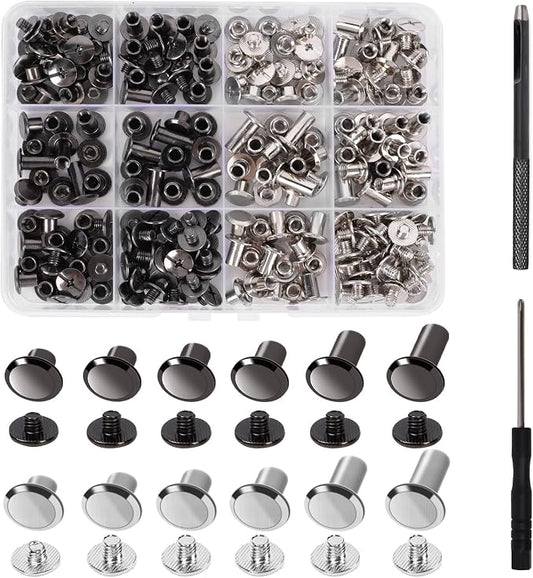 Chicago Screws, AIIQESBT 110 Pcs Leather Rivets with 2 Pcs Tool Kit, Assorted Screw Rivets Binding Set for Decorate & Repair Leather Crafting, Belts, Bag, Purse & DIY Crafts (Gunmetal Black & Silver)