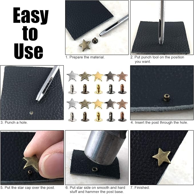100 Sets 12MM Mixed Color Star Rivets for Leather Star Rivet Studs Kit Garment Rivets Leather Rivets Studs and Spikes for Leather Craft Clothing Bags Belts Dog Collar Shoes DIY Rivets 15/32 Inch