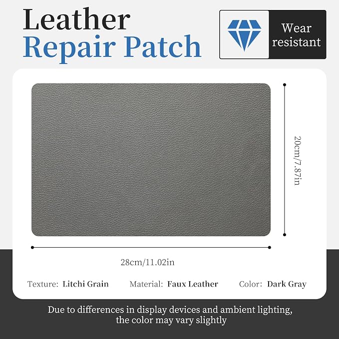 Fadoub Leather Repair Patch Tape Self-Adhesive, 8x11In Heavy Duty Vinyl Patch, Leather Repair Kit for Furniture, Sofa, Couch, Office Chair, Car Seat, Car Interior(Dark Gray)