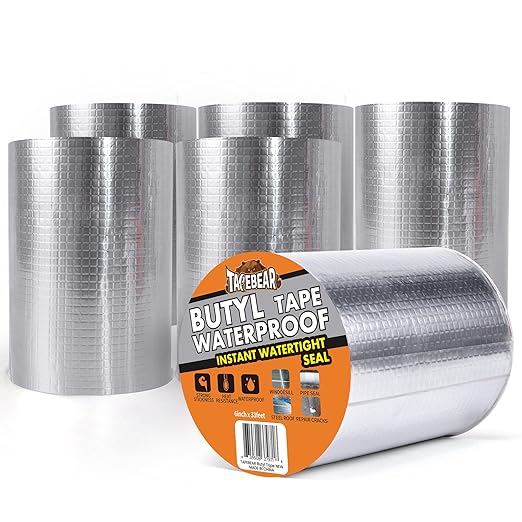 TAPEBEAR Butyl Tape Waterproof Sealant Tape 6inch x33feet, Aluminum Foil Duct Sealing Tape for RV Roof Repair, Boat and Pipe Sealing, Silicone, Glass & EDPM Roof Leak Patching, Silver, 6Rolls