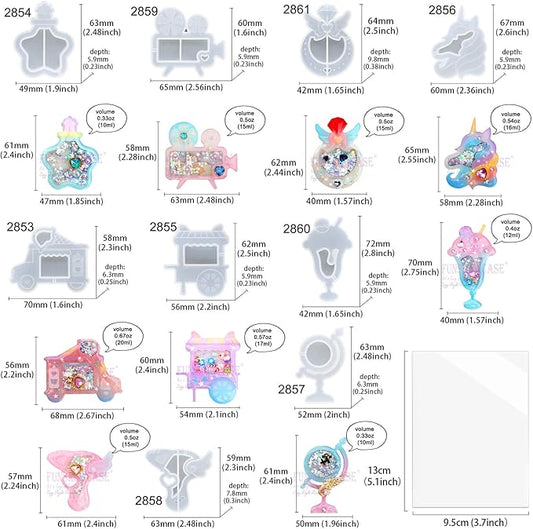 FUNSHOWCASE Resin Shaker Molds Set Charms Pendant Jewelry Making Supplies 9 Silicone Trays with 5 Clear Seal Films