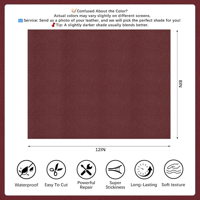 2 Pcs Burgundy Leather Repair Tape, 8x12 Inch Leather Repair Patch Self-Adhesive, Waterproof Faux Leather Patch, Vinyl Repair Tape for Couch, Sofas, Furniture, Office Chair, Car Seats