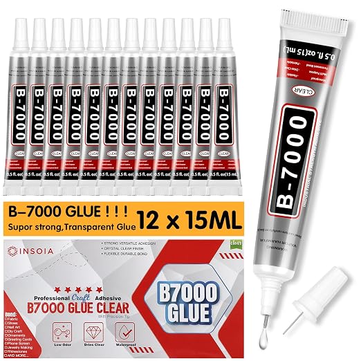 12 PCS 15ml B7000 Rhinestone Glue Clear – Super Glues for Bedazzling with Precision Tip, Quick Dry No Trace Flexible Adhesive for Jewelry Making, Nail Art, Fabric, Shoe, DIY Craft & Phone Repair