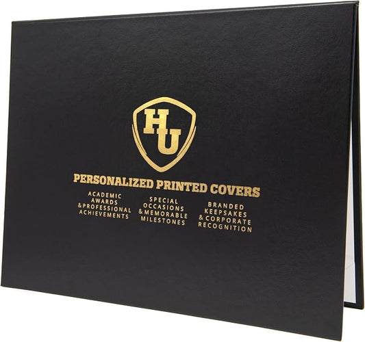 Faux Leather Document Cover with Custom Metallic Foil Printing, Tent-Style Opening, Non-Padded Hardback, Professional Presentation for Awards, Diplomas, Certificates (Black, 11x14 Large Size)