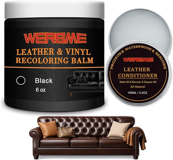 Leather Recoloring Balm & Mink Oil Leather Conditioner, Black | Restores faded leather, waterproof, scratch repair for couches, car seats, shoes & bags, Complete kit with mink oil & tools