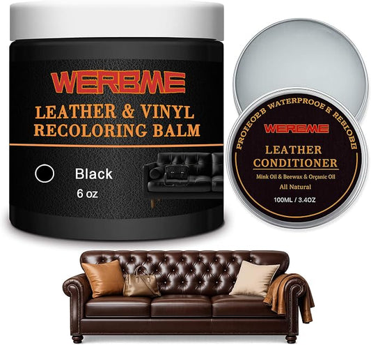 Leather Recoloring Balm & Mink Oil Leather Conditioner, Black | Restores faded leather, waterproof, scratch repair for couches, car seats, shoes & bags, Complete kit with mink oil & tools