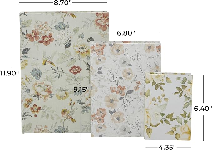 Deco 79 Canvas Decorative Box Faux Storage Book Book Shaped Boxes with Pink and Blue Floral Patterns, Set of 3 Decorative Keepsake Boxes 12", 9", 6"H, White