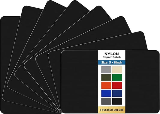 KING MOUNTAIN Self Adhesive Nylon Fabric Repair Patch, 5×8 Inches 8 Pcs, Quick Down Jacket Repair Patch, Waterproof Outdoor Gear Patch Kit for Tent,Backpacks,Umbrella, Gloves, Sleeping Bag (Black)