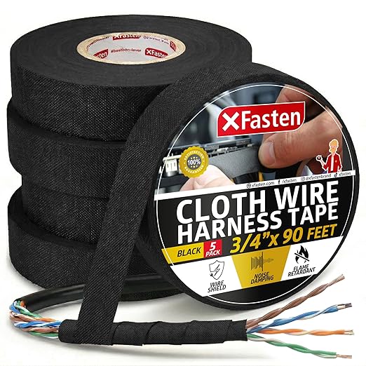 XFasten Black 3/4-Inch x 90-Feet (5-Pack) High-Heat Resistant Cloth Electrical Tape for Automotive Wire Loom