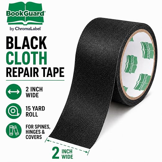 BookGuard 2 Inch Black Book Binding Tape, Bookbinding Repair Cloth Tape for Book Spines, Hinges, Covers, Bibles, Hymnals, Library Books, Schools, 15 Yards