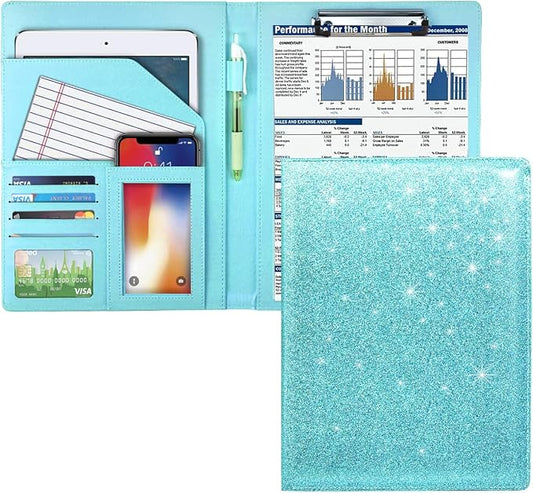Glitter Portfolio Case for Women, Padfolio Cover for Women, Conference/Resume/Legal Document Organizer with Letter/A4 Size Clipboard Hardboard, Business Card Holders, Blue+Green