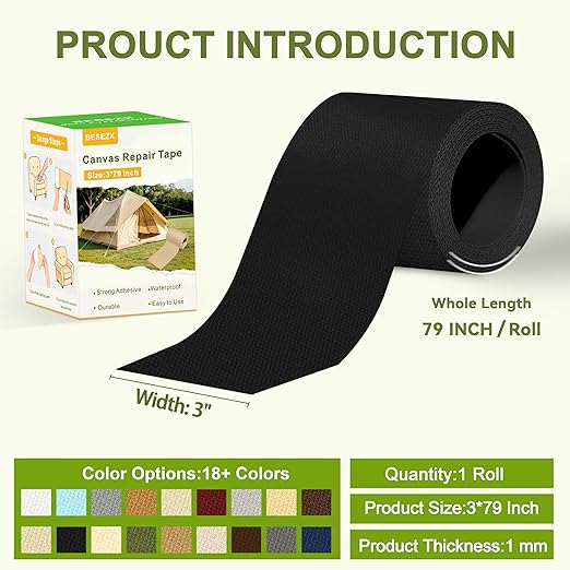 Besezx Canvas Repair Tape,Outdoor Gear Patch, 3x79 Inches,Waterproof Self-Adhesive Fabric Repair Tape for Repairing Boat Covers,Sun Shades,Sofas,Tents,Lounge Chairs,Awnings (Black)