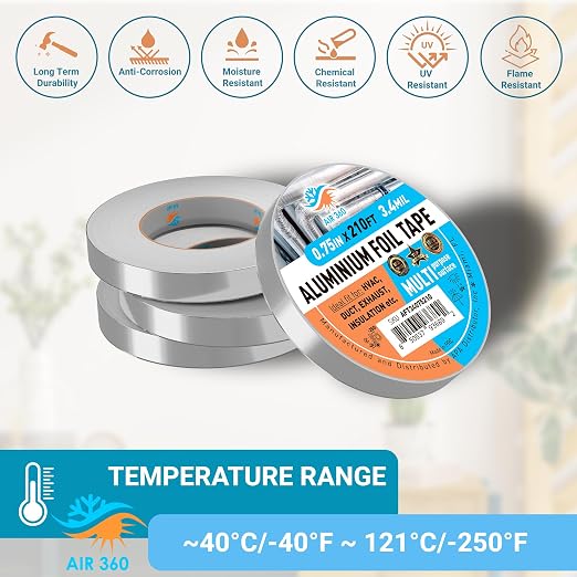 Thick Aluminum 0,75" x 210 ft HVAC Duct Tape for AC & Vent Repair, Cold Temperature Foil Tape for Pipe Insulation, Fire Proof Waterproof Metal Tape, High Temp Flex Duck Tape, Aluminum Body Tape